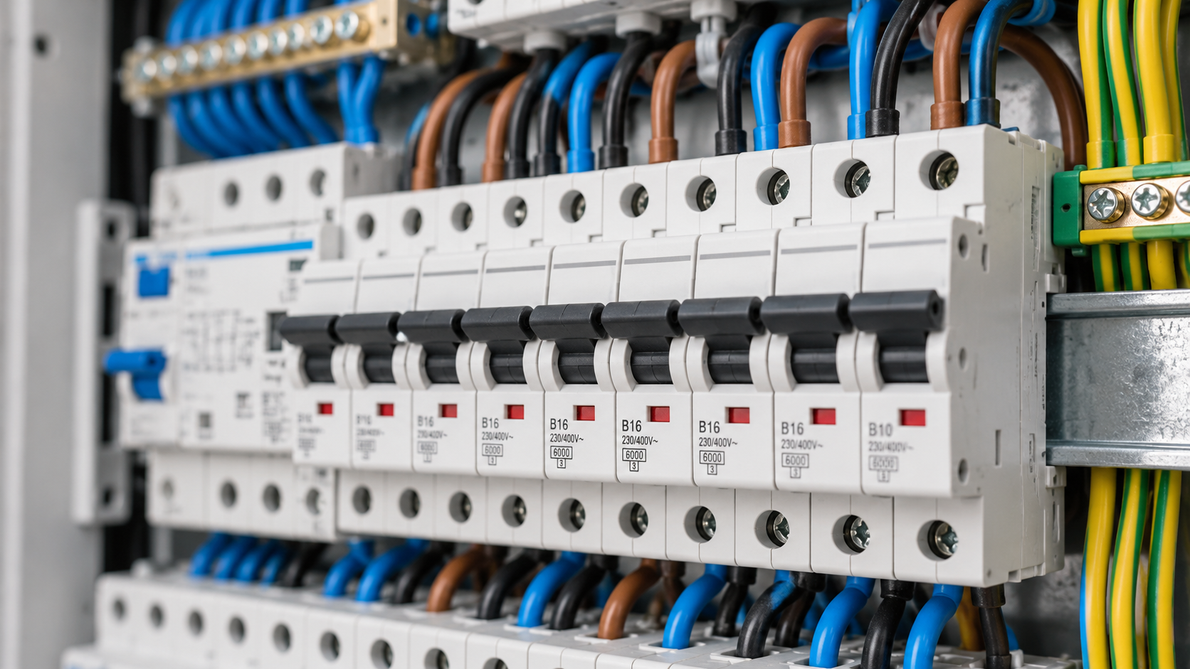 Close-up van een groepenkast met witte installatieautomaten, gekleurde aders en een aardrail